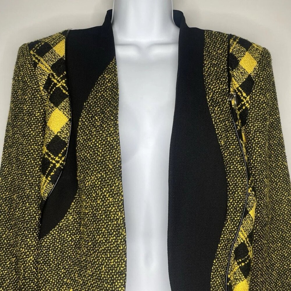 Vintage 90s City Girl Black Yellow Tweed Plaid Cropped Open Front Blazer Size 6 - Picture 2 of 10